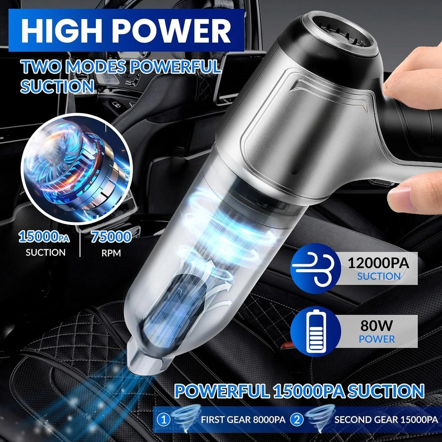 Handheld Car Vacuum Cleaner, 15000Pa High Power Cordless 7-In-1 Wireless Mini Portable Vacuum Cleaner for Car Home Office, Perfect for Pet Hair