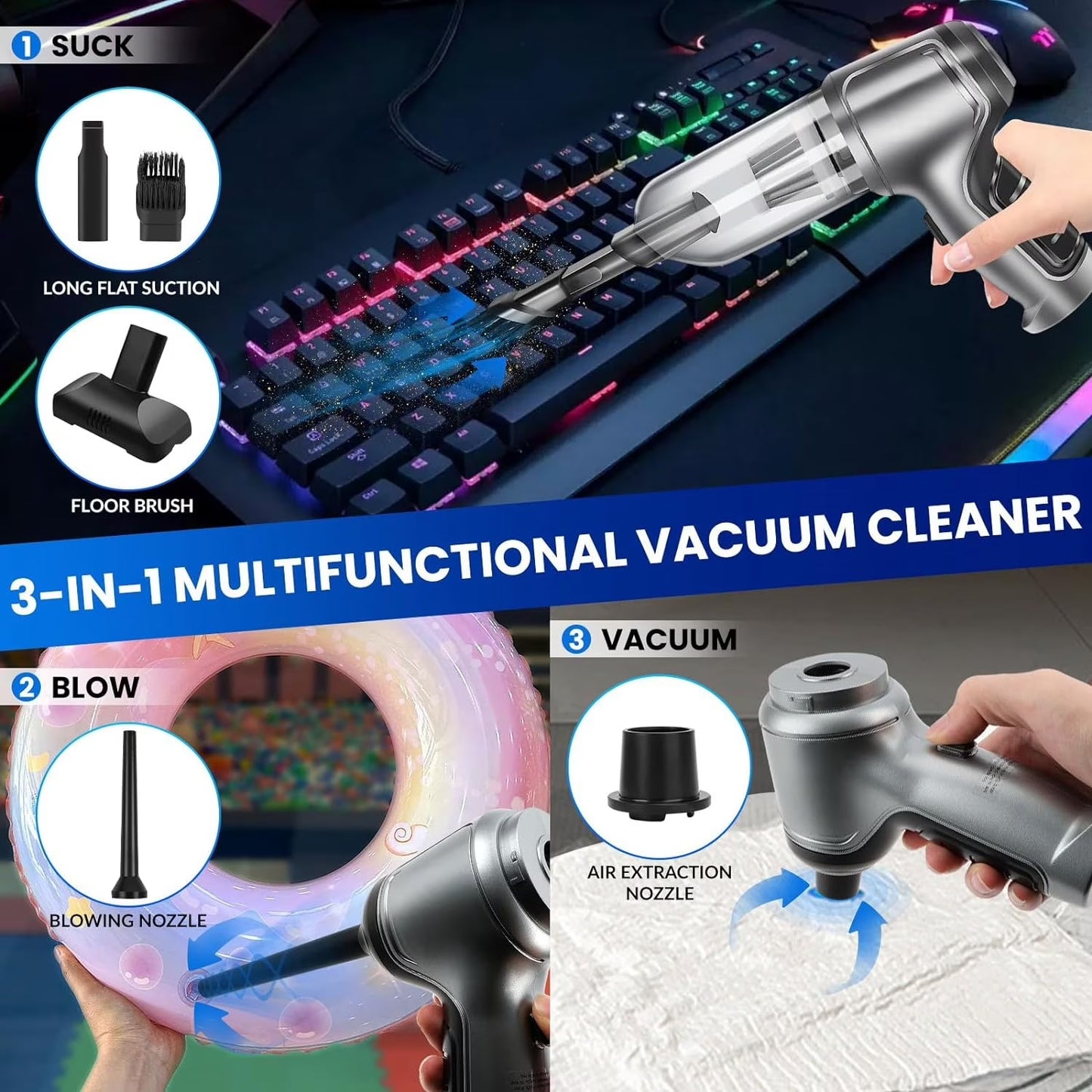 Handheld Car Vacuum Cleaner, 15000Pa High Power Cordless 7-In-1 Wireless Mini Portable Vacuum Cleaner for Car Home Office, Perfect for Pet Hair