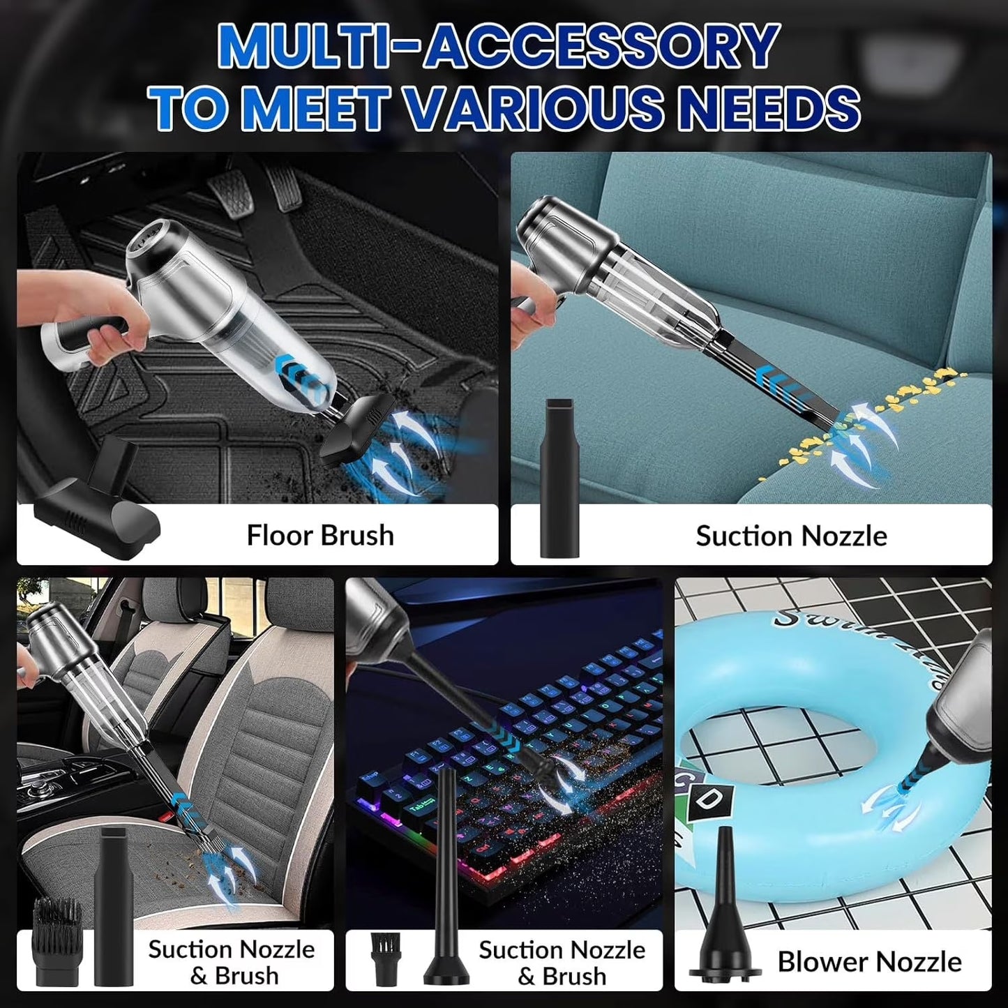 Handheld Car Vacuum Cleaner, 15000Pa High Power Cordless 7-In-1 Wireless Mini Portable Vacuum Cleaner for Car Home Office, Perfect for Pet Hair