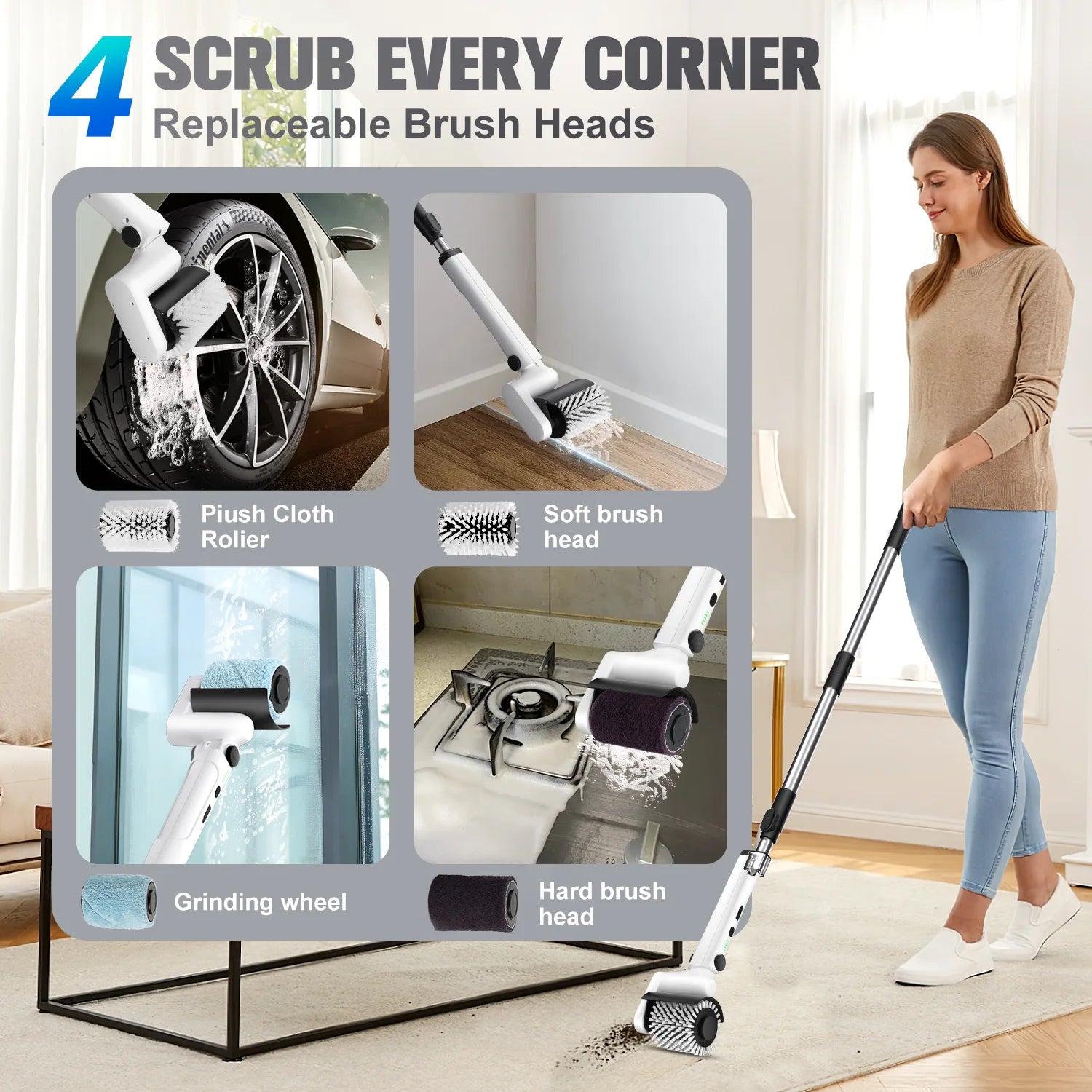 Electric Spin Scrubber, Cordless Bath Tub Power Roller Electric Cleaning Brush Full Waterproof Cleaning Brush for Bathroom & Tile Floor