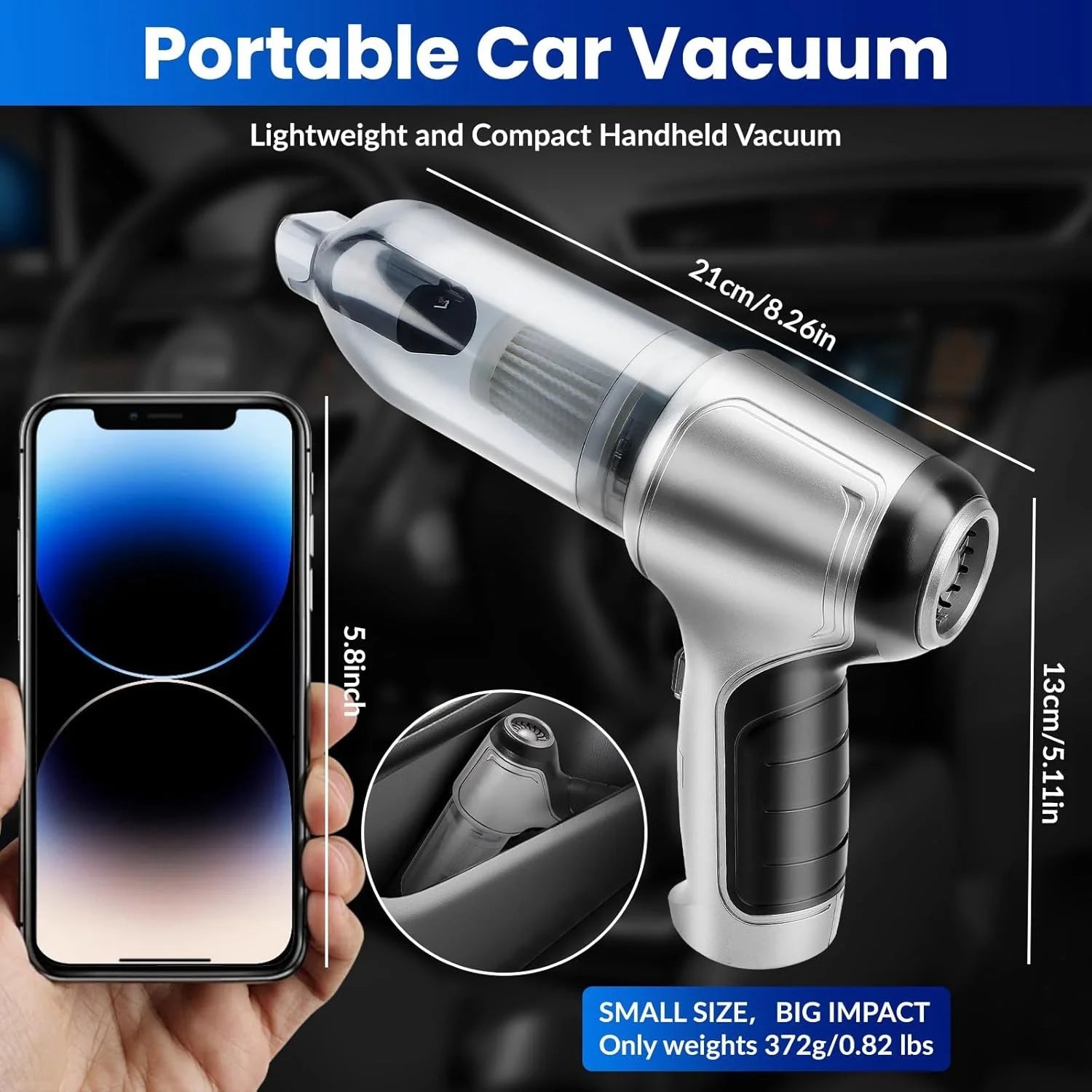 Handheld Car Vacuum Cleaner, 15000Pa High Power Cordless 7-In-1 Wireless Mini Portable Vacuum Cleaner for Car Home Office, Perfect for Pet Hair